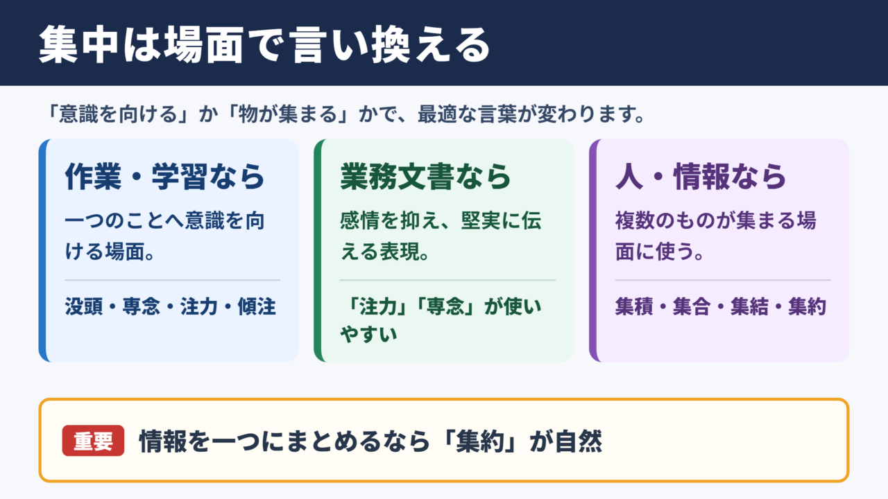 集中の言い換え一覧表とシーン別表現