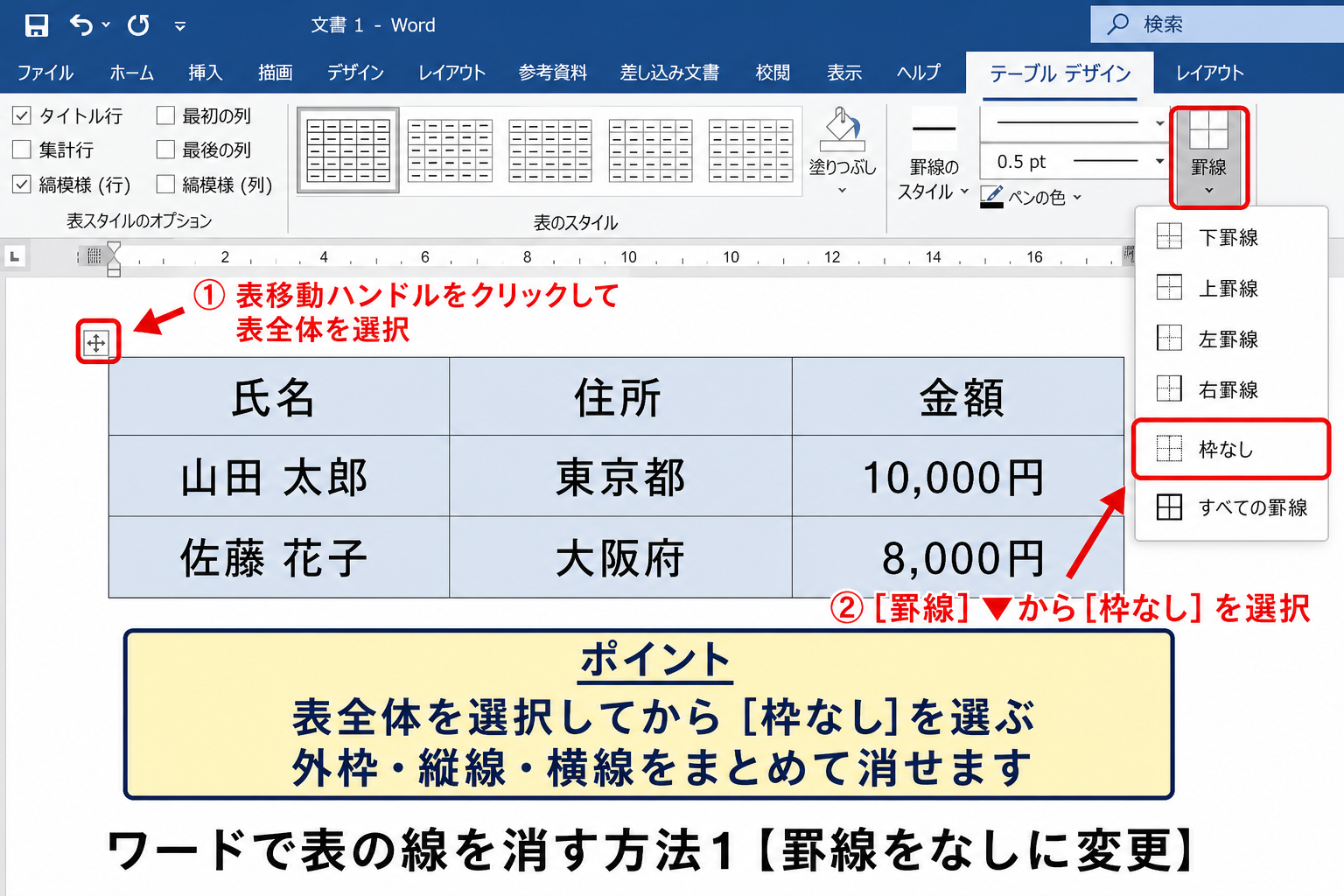 ワードで表の線を消す方法1【罫線をなしに変更】