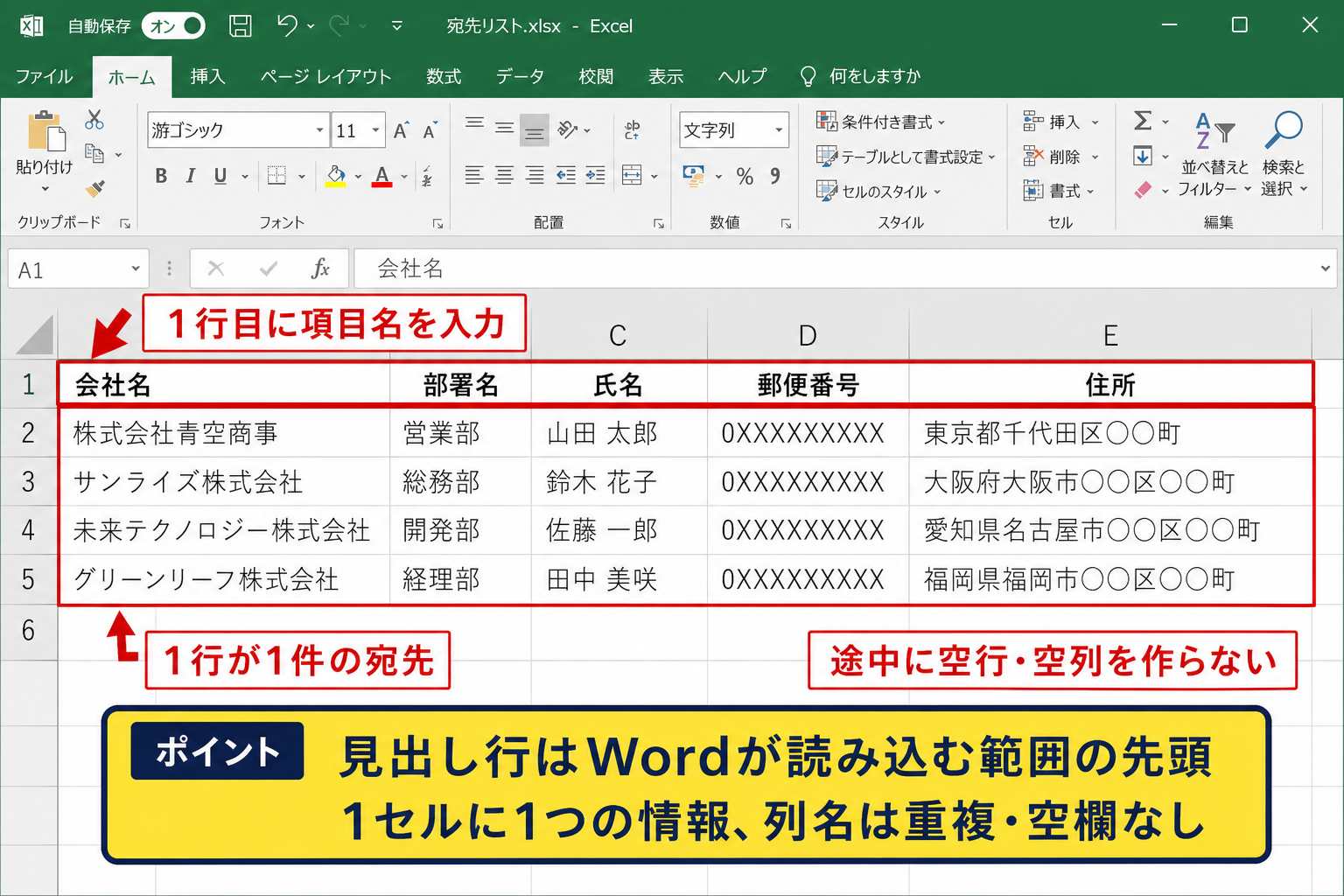エクセル宛先データの整え方