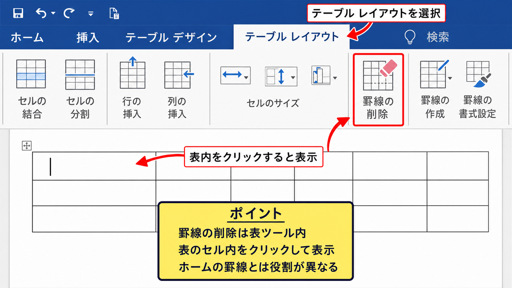 罫線消しゴムの場所と表示条件