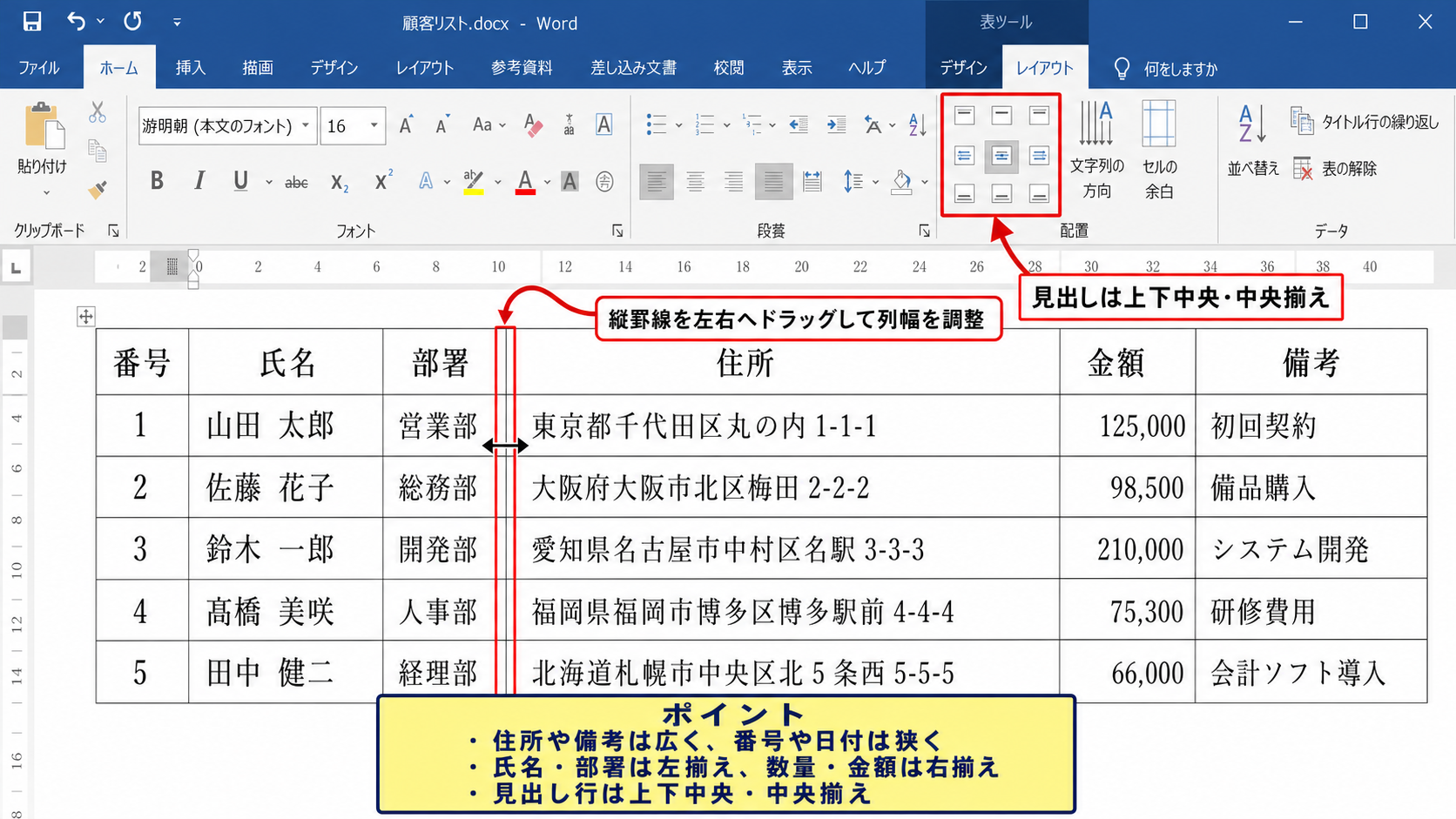 表のレイアウト設定と文字配置