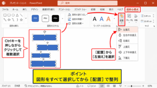 パワポで複数の図形を揃える方法【配置メニューの整列】