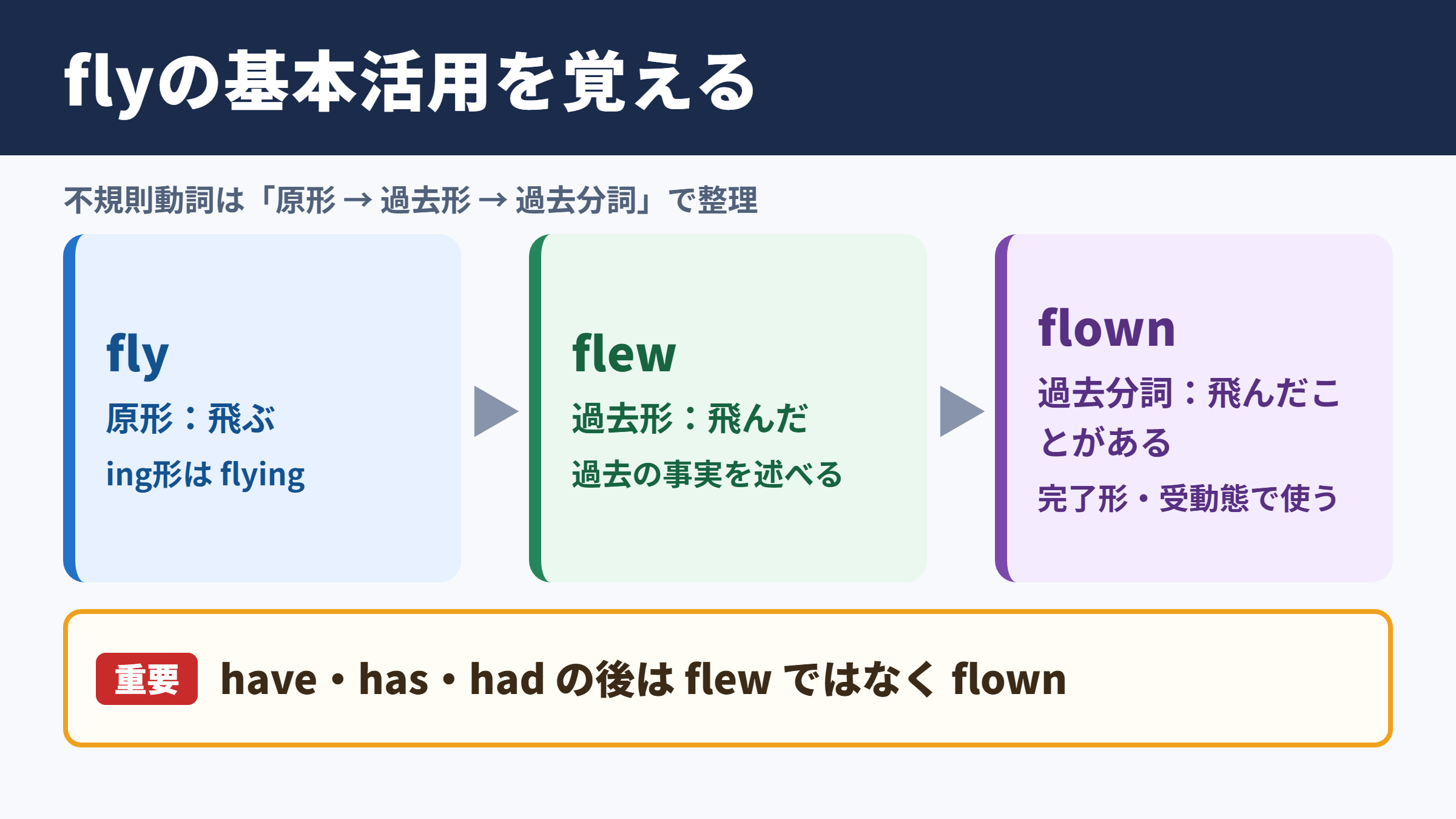 flyの過去形・過去分詞・ing形の基本
