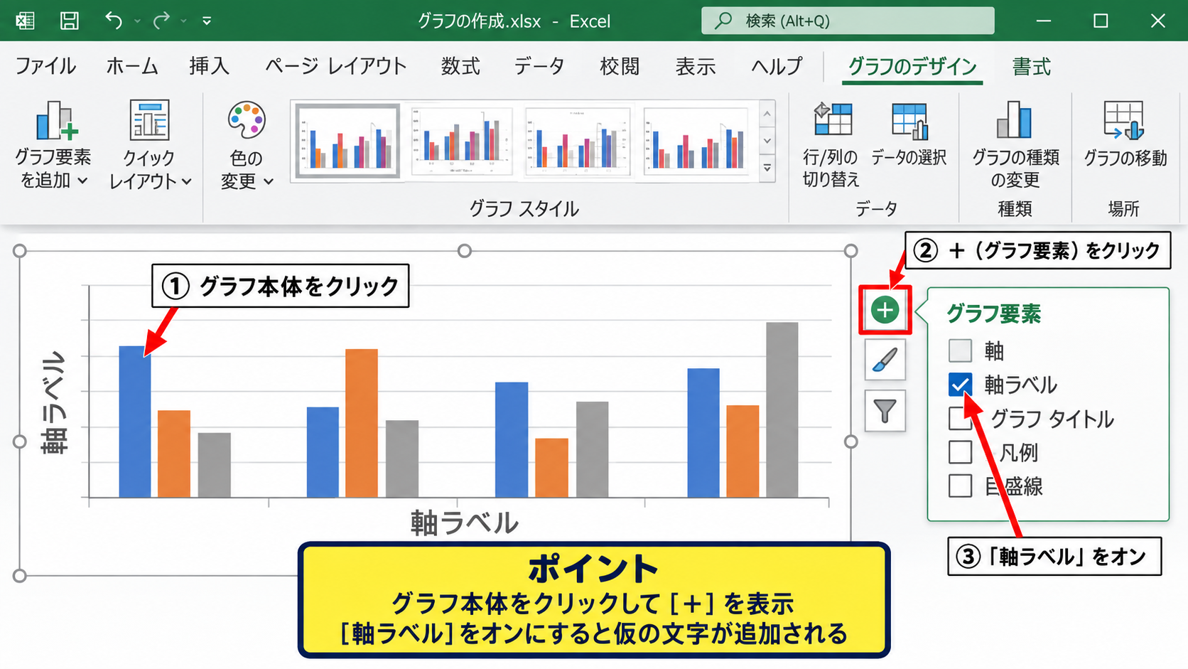 エクセルでグラフの軸ラベルを追加する方法 - グラフ要素ボタンからの軸ラベル表示