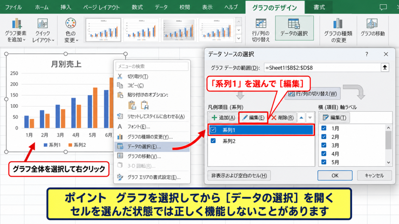 エクセルの凡例名を変更する方法【データの選択】 - グラフの選択とデータの選択画面