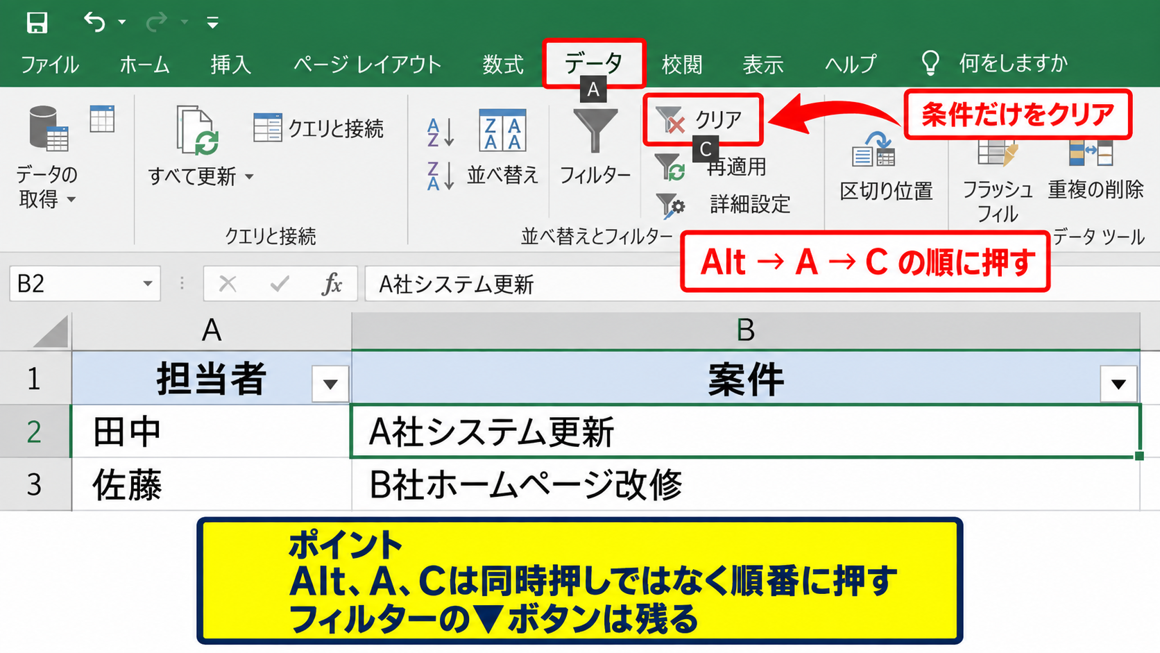 フィルターをクリアするショートカット操作 - Alt A Cキーによる絞り込み解除