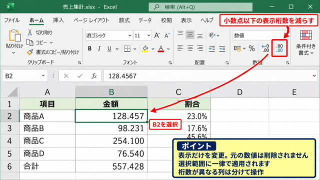 エクセルで小数点以下の桁数を減らす方法 - ホームタブの小数点以下の表示桁数を減らすボタン