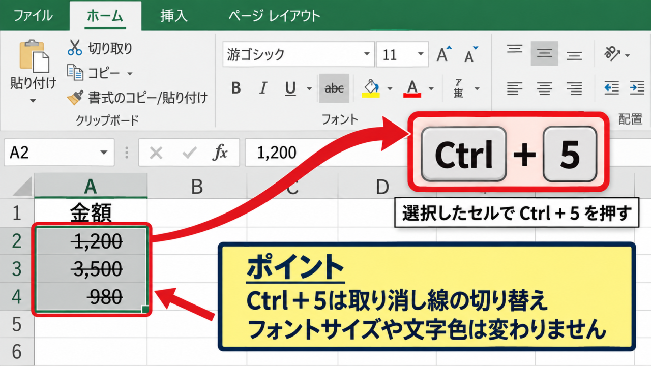 エクセルの数字に入った線を消す基本操作 - ショートカットキーによる取り消し線の解除
