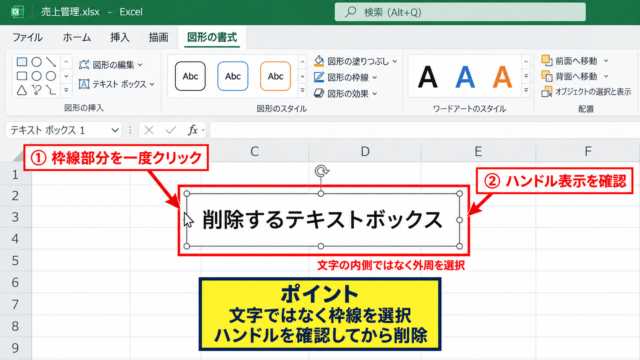 エクセルのテキストボックスを削除する基本操作 - 枠線をクリックして選択する手順