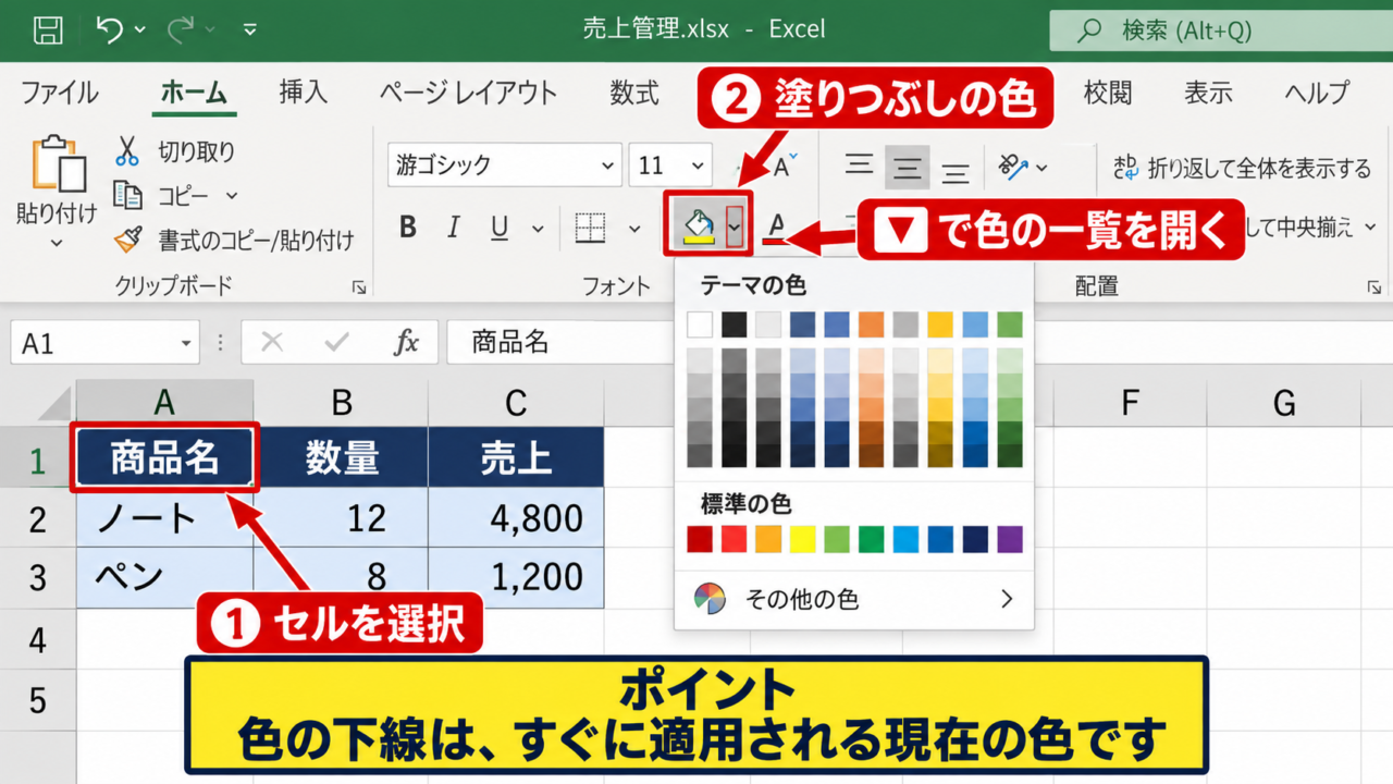 エクセルでセルを塗りつぶす基本操作 - ホームタブの塗りつぶしの色