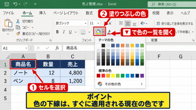 エクセルでセルを塗りつぶす基本操作 - ホームタブの塗りつぶしの色