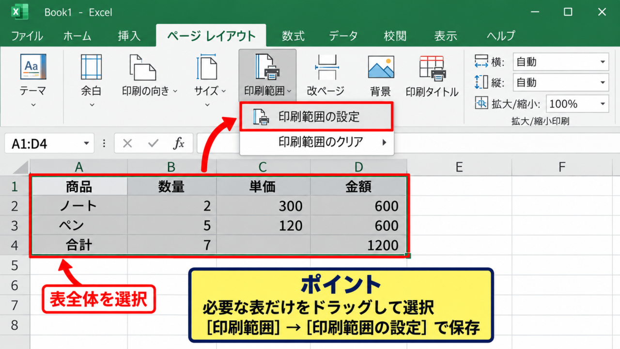 エクセルの表をA4中央に印刷する基本設定 - 印刷したい表の範囲選択