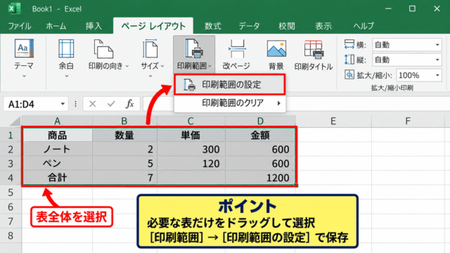エクセルの表をA4中央に印刷する基本設定 - 印刷したい表の範囲選択