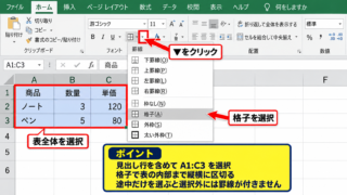 エクセルで表に枠線を引く方法【外枠と格子】 - ホームタブから格子の罫線を付ける操作