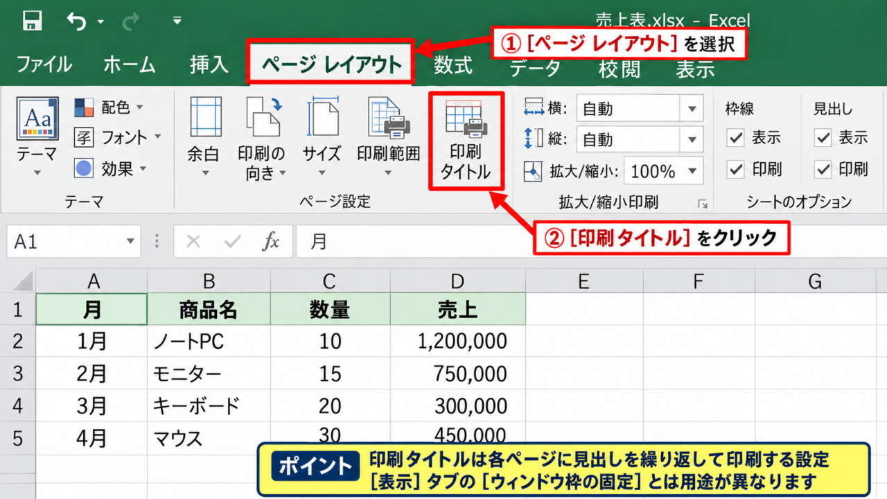 エクセルで見出しを各ページに印刷する方法 - ページレイアウトタブの印刷タイトル
