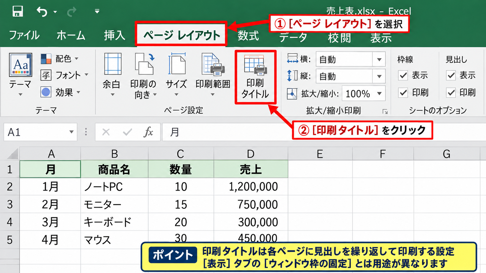 エクセルで見出しを各ページに印刷する方法 - ページレイアウトタブの印刷タイトル