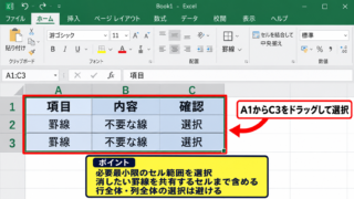 エクセルで表の枠線を消す方法1【罫線なしの適用】 - 表全体を選択する操作