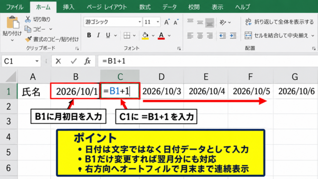 エクセルでシフト表を作る方法1【日付と担当者の表作成】 - 月初日を基準にした日付の連続入力