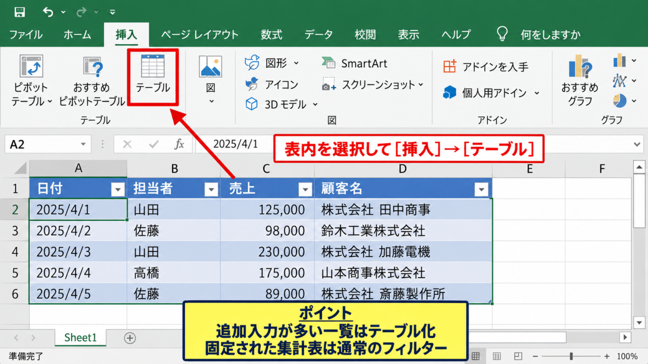 エクセルで表を検索する方法【フィルターの設定】 - テーブル機能と通常のフィルターの違い