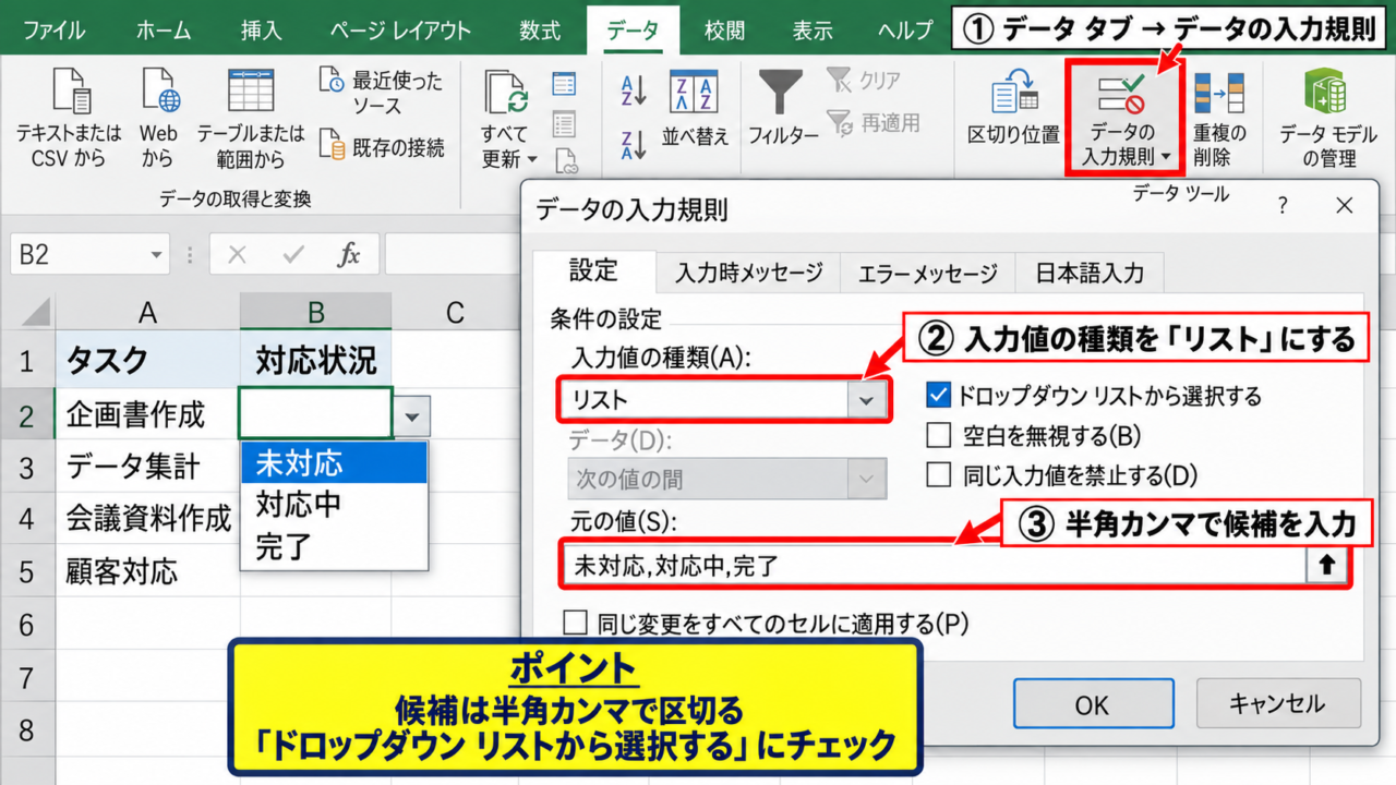 エクセルで表にプルダウンを設定する方法【データの入力規則】 - リスト形式の指定