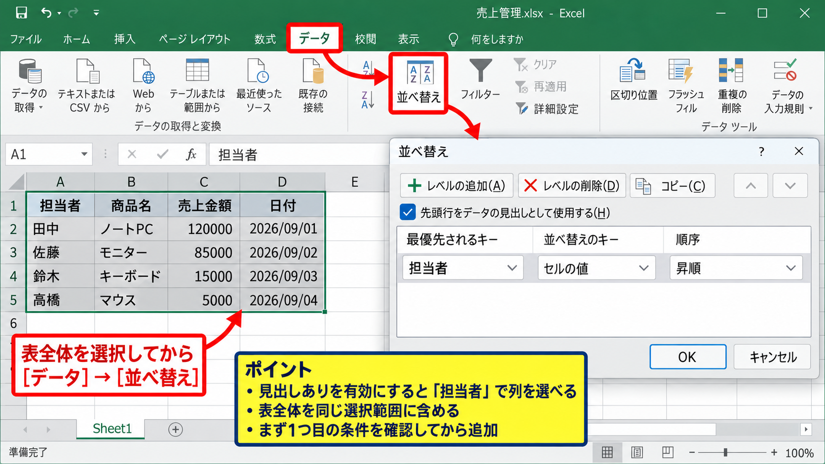 Excelで複数列を連動して並び替える基本操作【表全体の選択】 - データタブから並べ替えを開く操作【並べ替えダイアログ】