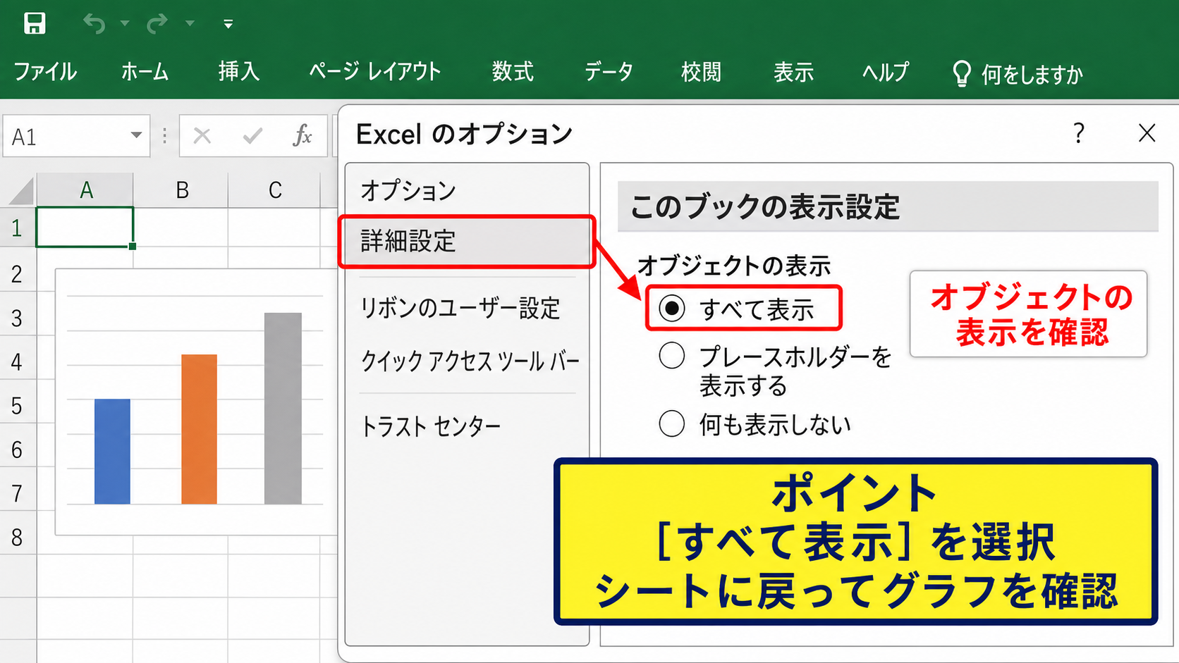 エクセルのグラフを再表示する方法 - オブジェクトの表示設定
