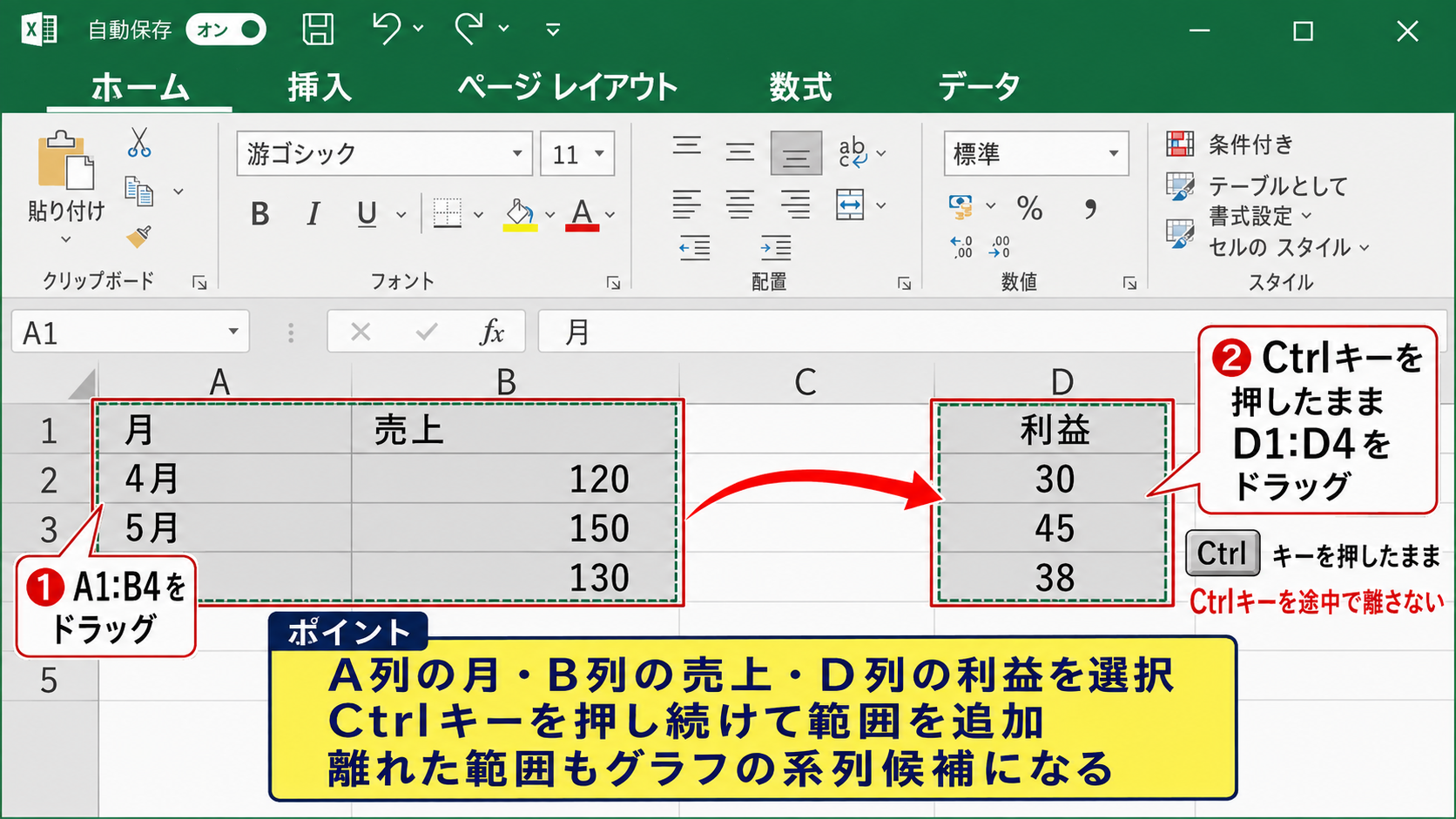 Ctrlキーによるとびとび範囲の選択方法 - 最初の範囲と追加範囲の指定