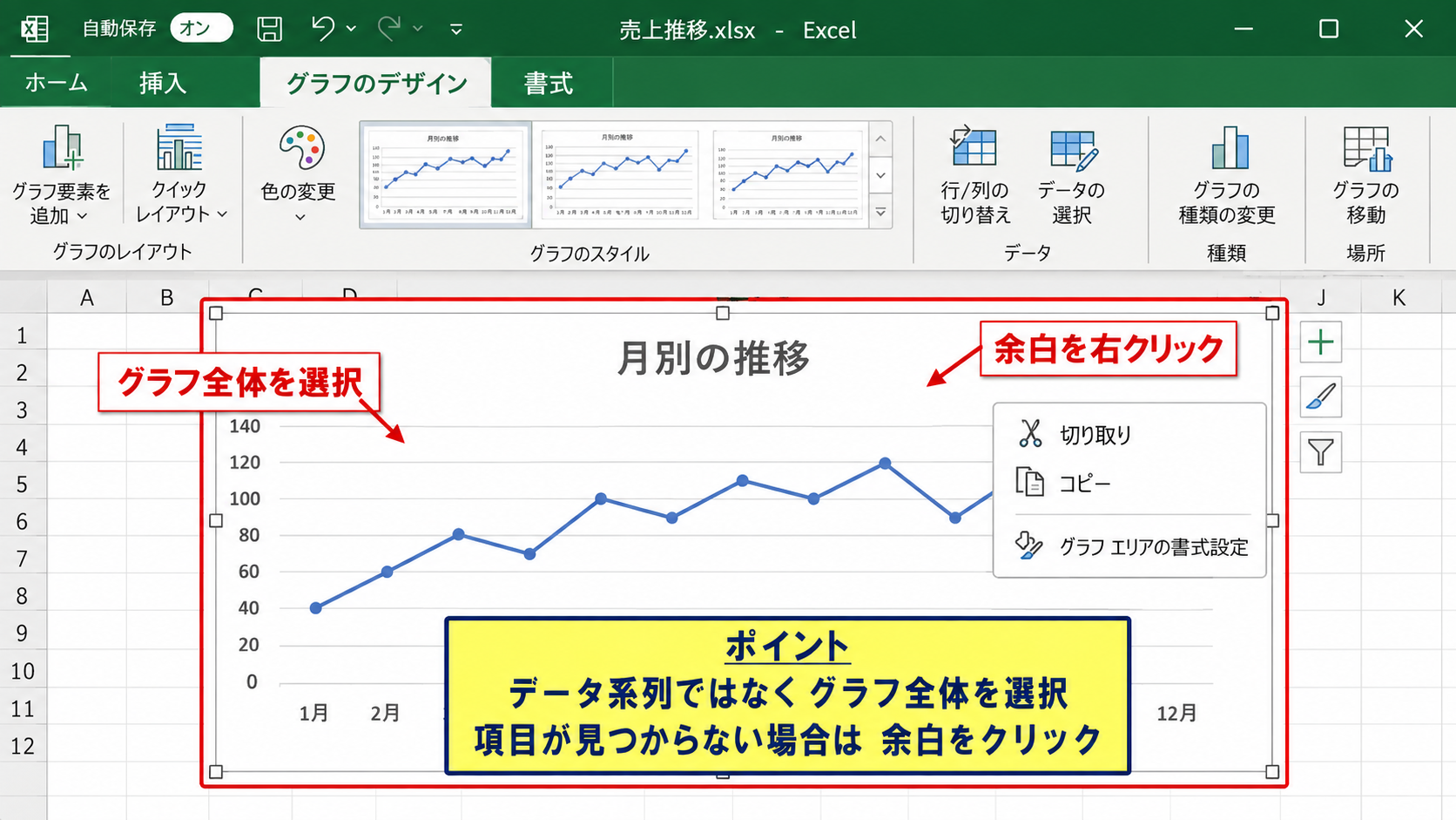 エクセルのグラフで空白を線でつなぐ設定 - グラフ要素を選択する操作