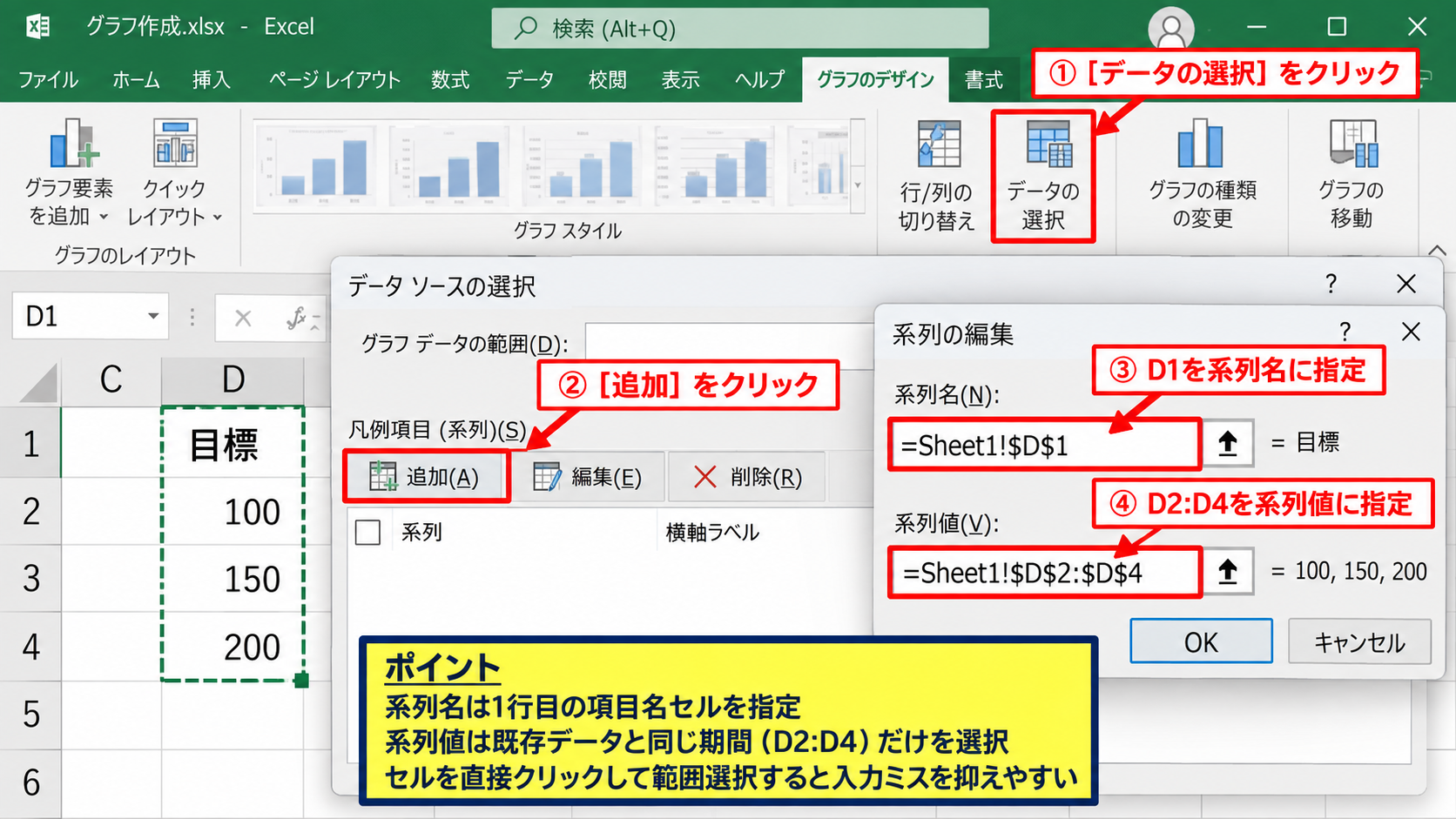 エクセルのグラフに折れ線を追加する方法【データの選択から系列追加】 - 系列の追加画面