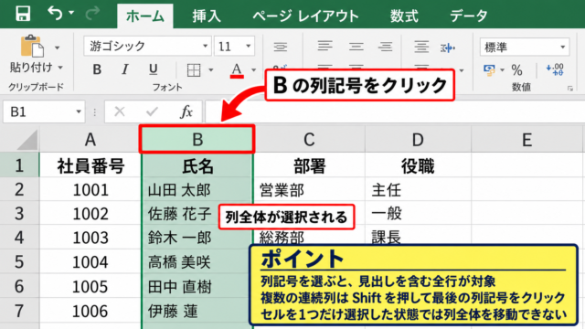 エクセルで列を左右に入れ替える方法1【Shiftキーを押しながらドラッグ】 - 列記号をクリックして列全体を選択する操作