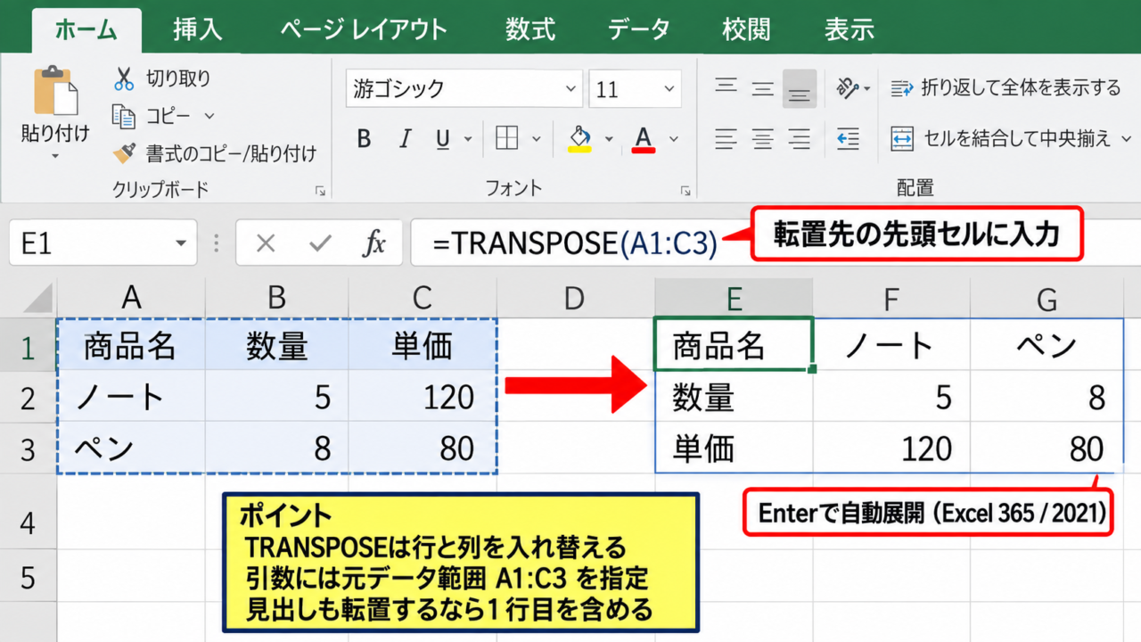 エクセルの行列を関数で入れ替える方法【TRANSPOSE関数】 - TRANSPOSE関数の入力方法
