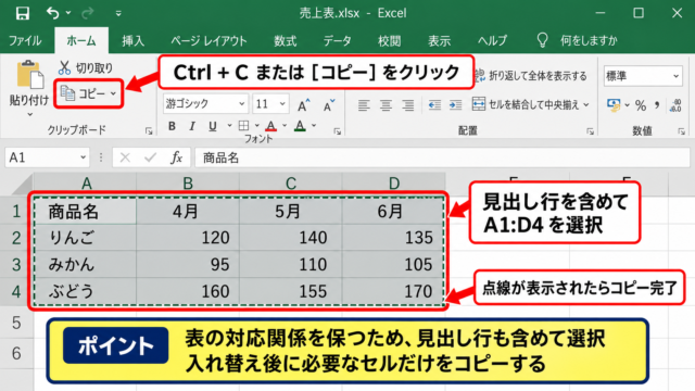 エクセルで行と列を入れ替える基本操作 - コピー範囲の選択