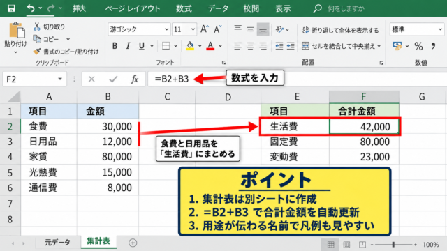 円グラフで複数項目をまとめる操作手順 - 集計用の表の作成