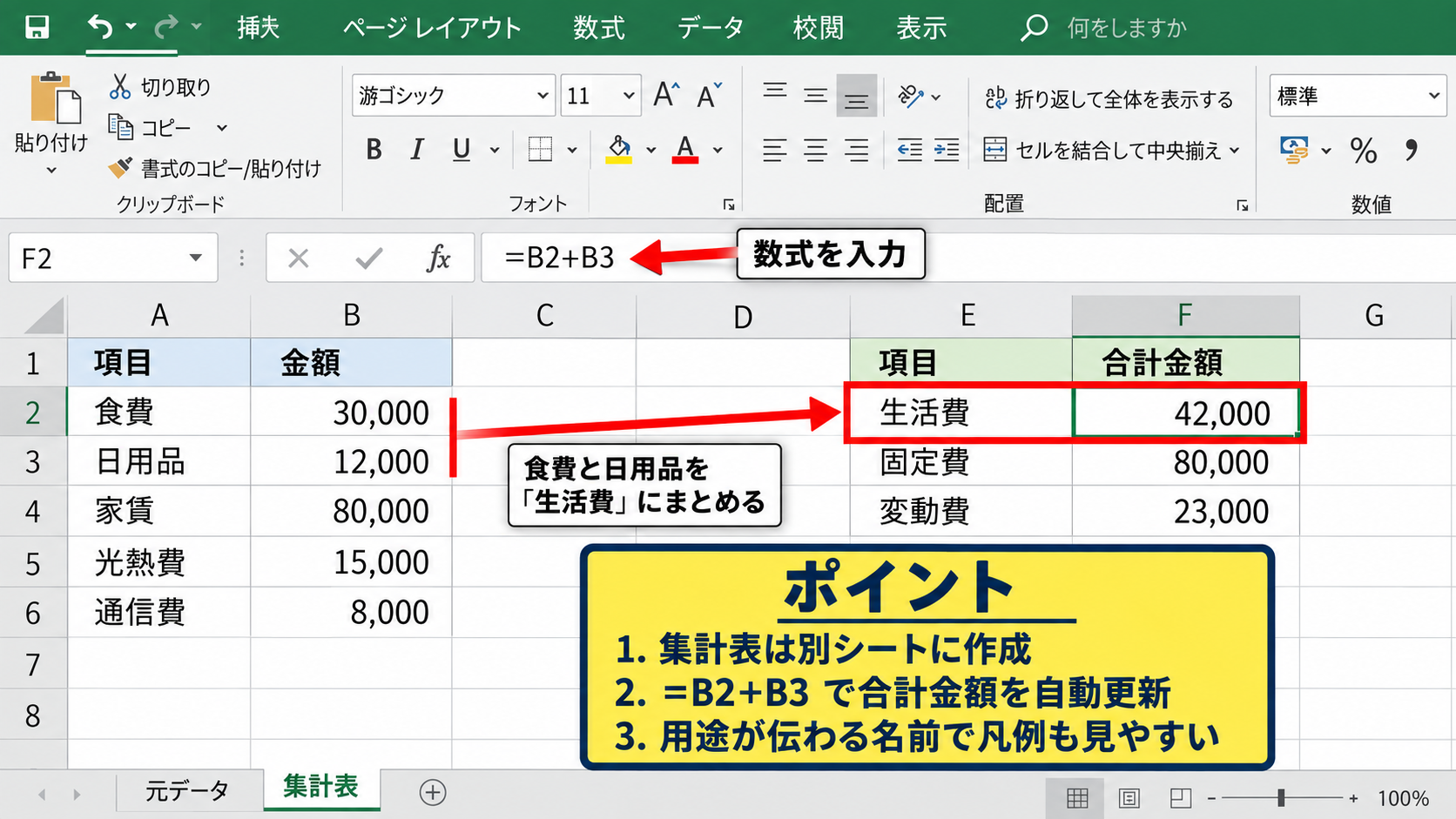 円グラフで複数項目をまとめる操作手順 - 集計用の表の作成