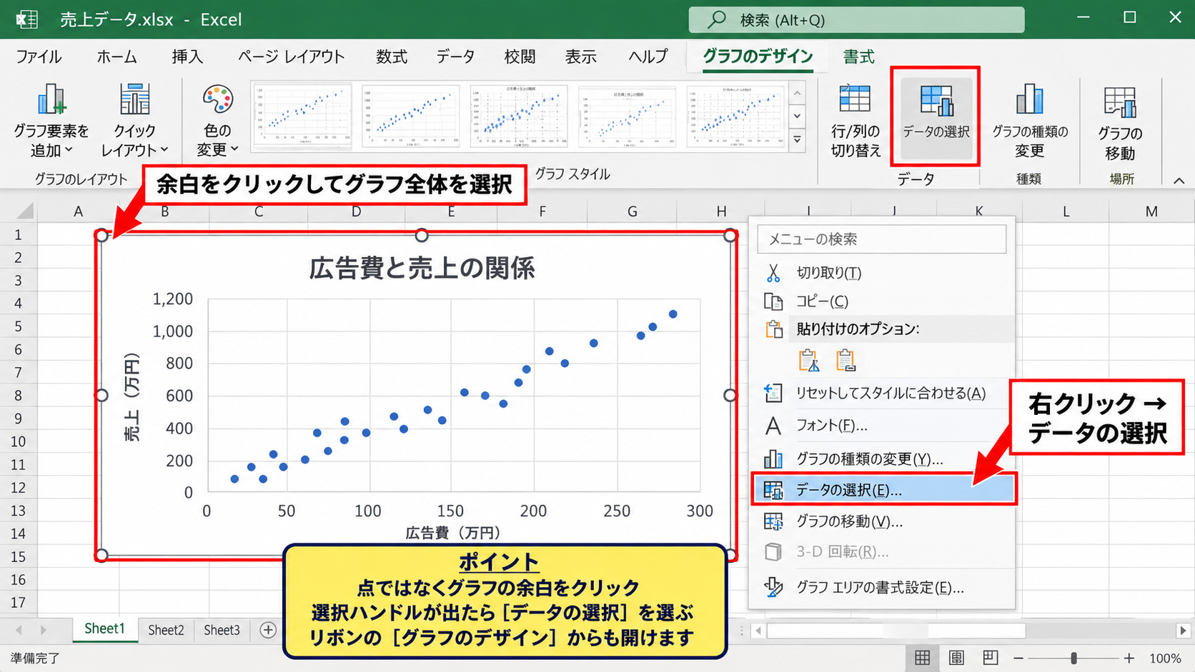 エクセルの散布図でデータ範囲を変更する方法 - グラフ要素を選択する操作