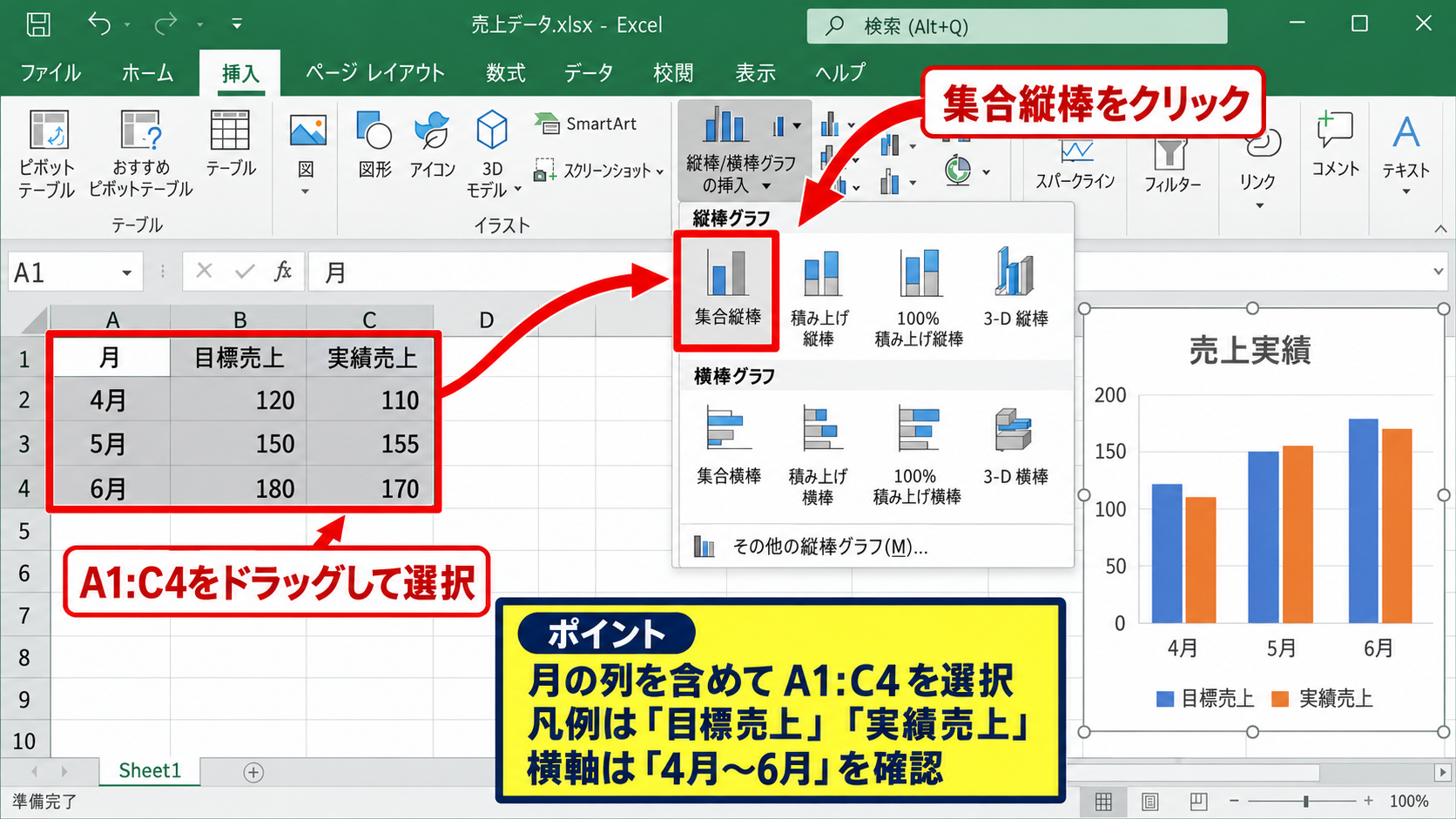 エクセルの棒グラフを重ねる方法【系列の重なりの設定】 - 集合縦棒グラフの作成