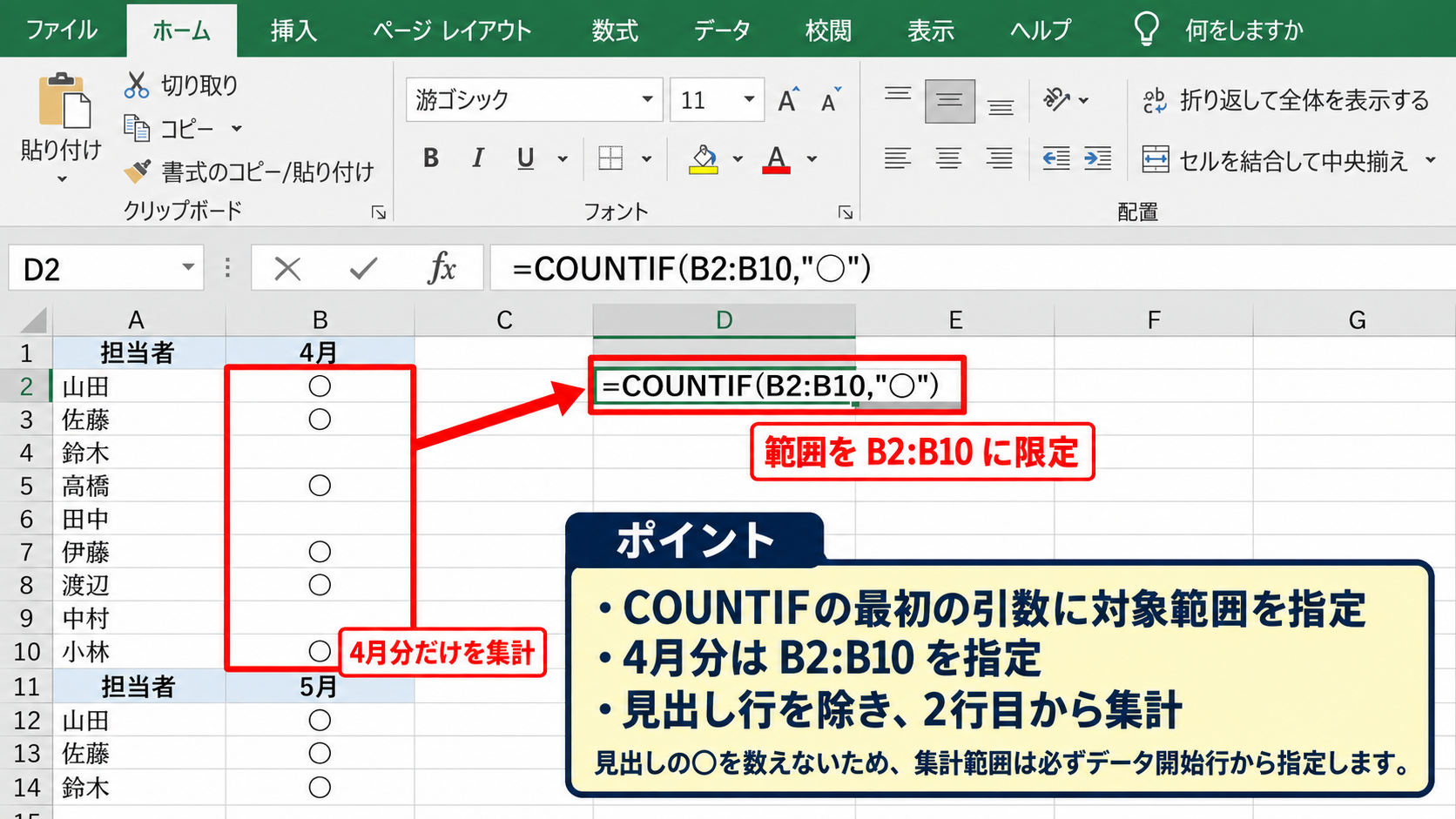 エクセルで丸の数を数える基本関数 - 特定範囲だけを集計する設定