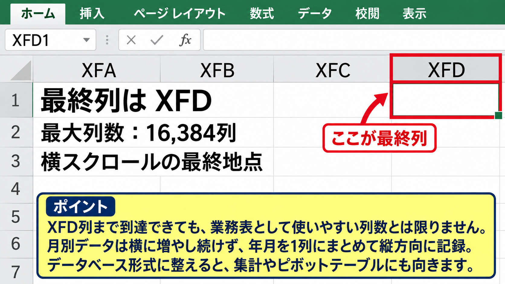 エクセルの最大行数と最大列数 - 最大列数とXFD列