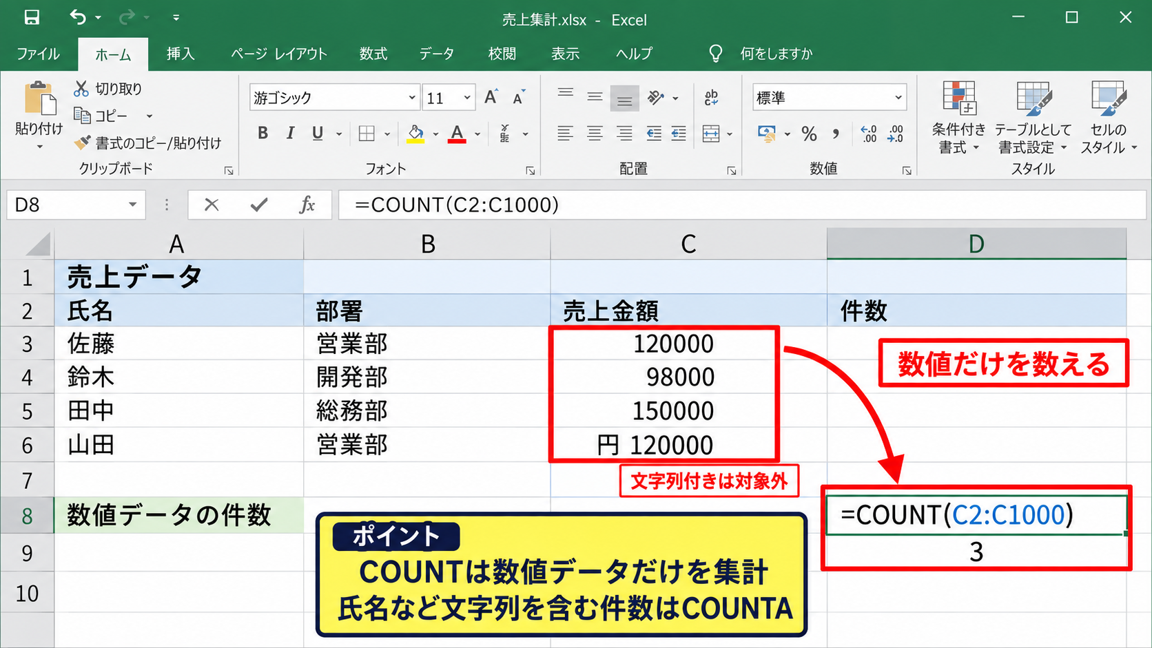 Excelでデータ行数を数える基本関数 - COUNT関数による数値データの集計