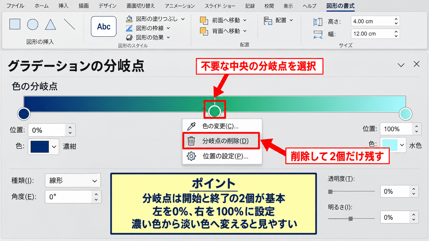 エクセルの図形を2色グラデーションにする方法 - グラデーションの分岐点を2個にする設定