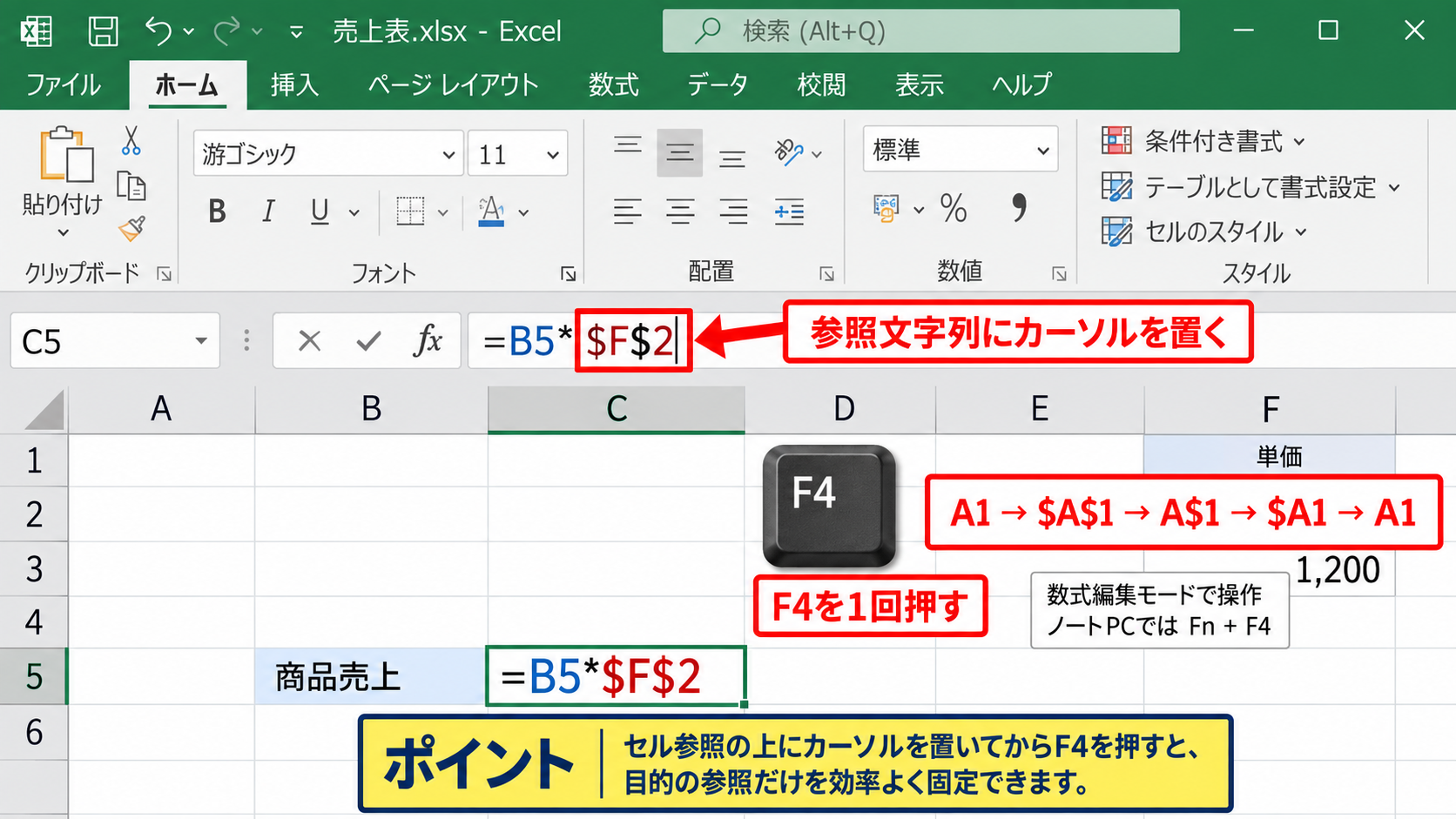 エクセルの計算式を固定する方法【F4キーと$マーク】 - F4キーによる参照形式の切り替え