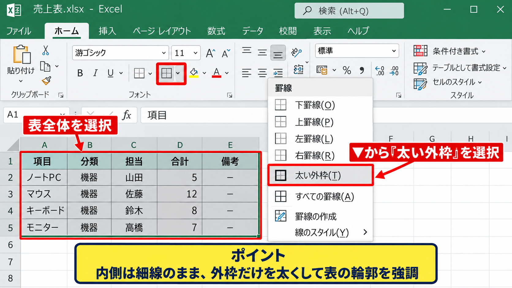 エクセルで表に枠線を引く方法【外枠と格子】 - 外枠だけを太くする操作