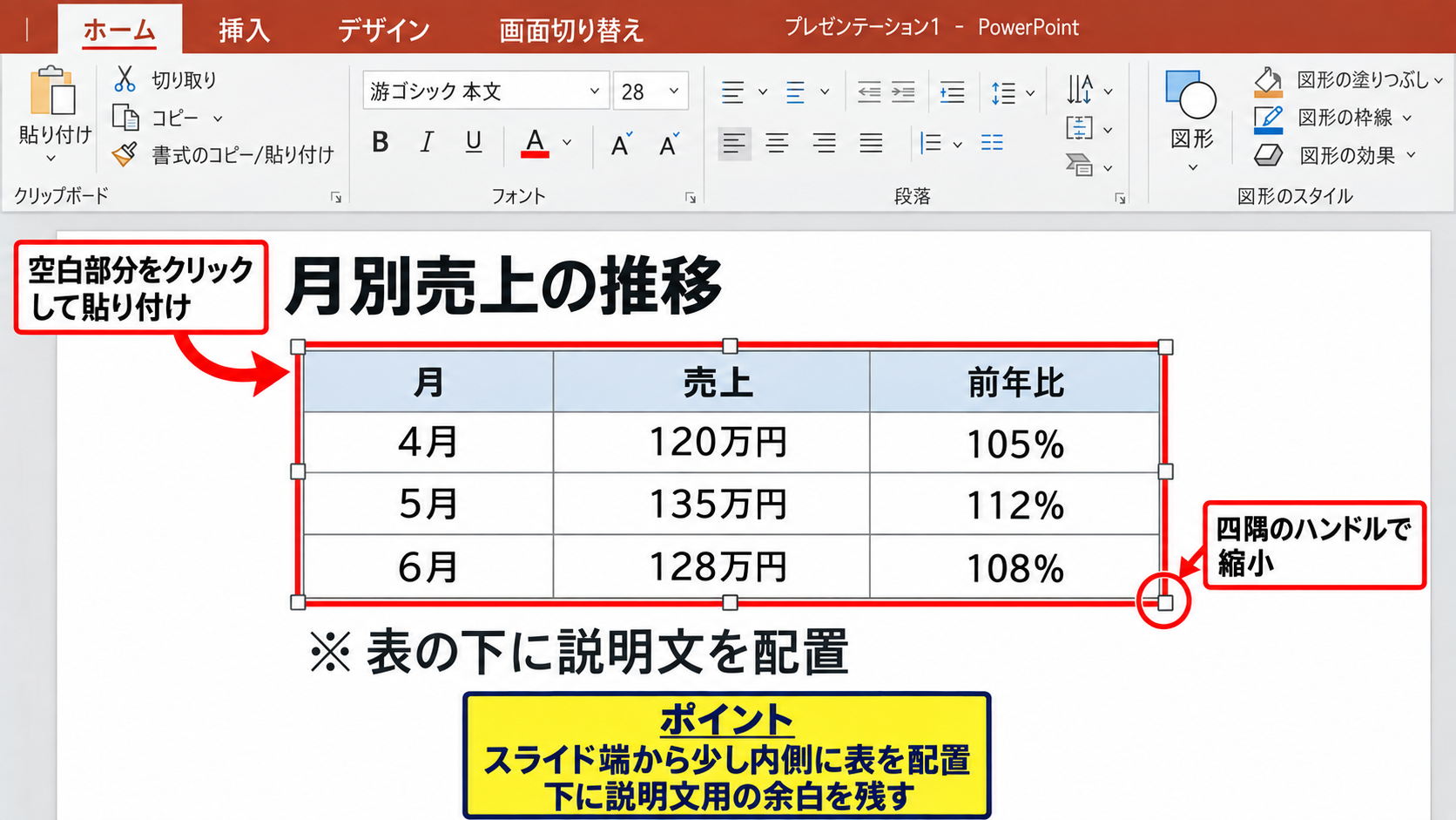 エクセルの表を通常貼り付けする手順 - PowerPointで貼り付け位置を決める操作