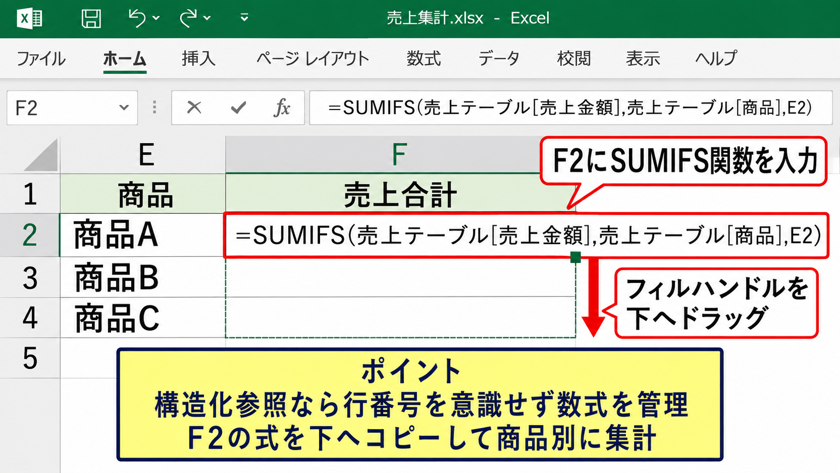 エクセルの関数でグラフを自動更新する基本手順 - 集計用の見出しと数式を準備する操作