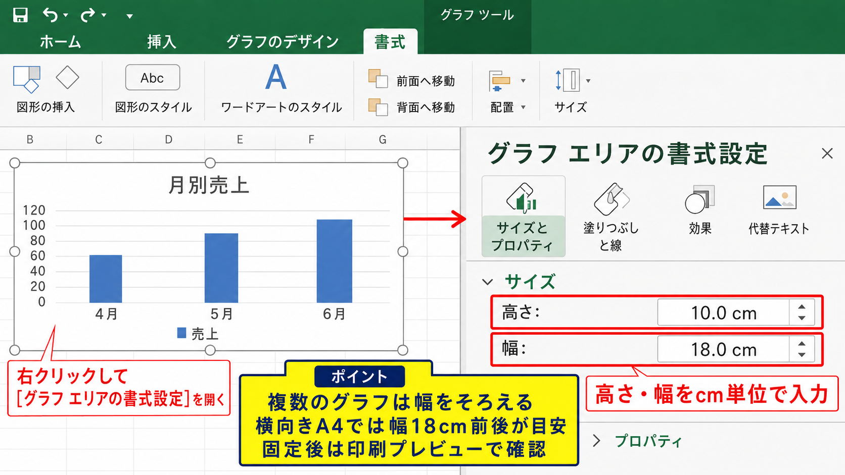 エクセルのグラフを見やすい大きさで印刷する方法 - グラフの書式設定による高さと幅の指定
