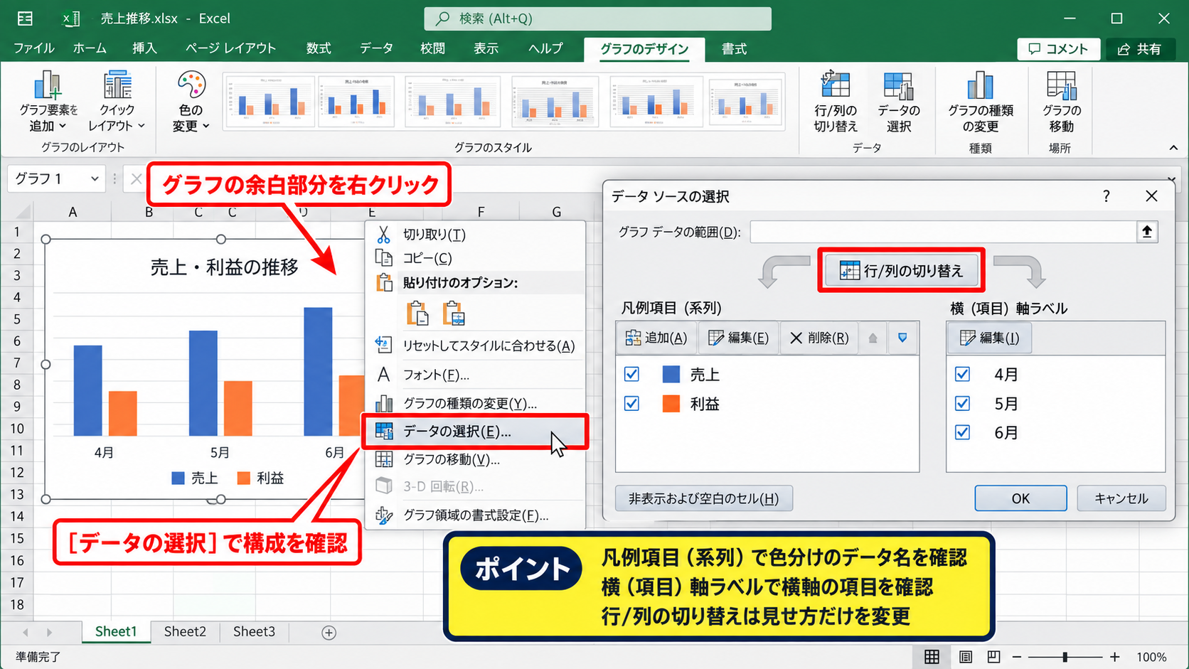 エクセルでグラフの行列を切り替える方法 - 右クリックメニューからの表示確認