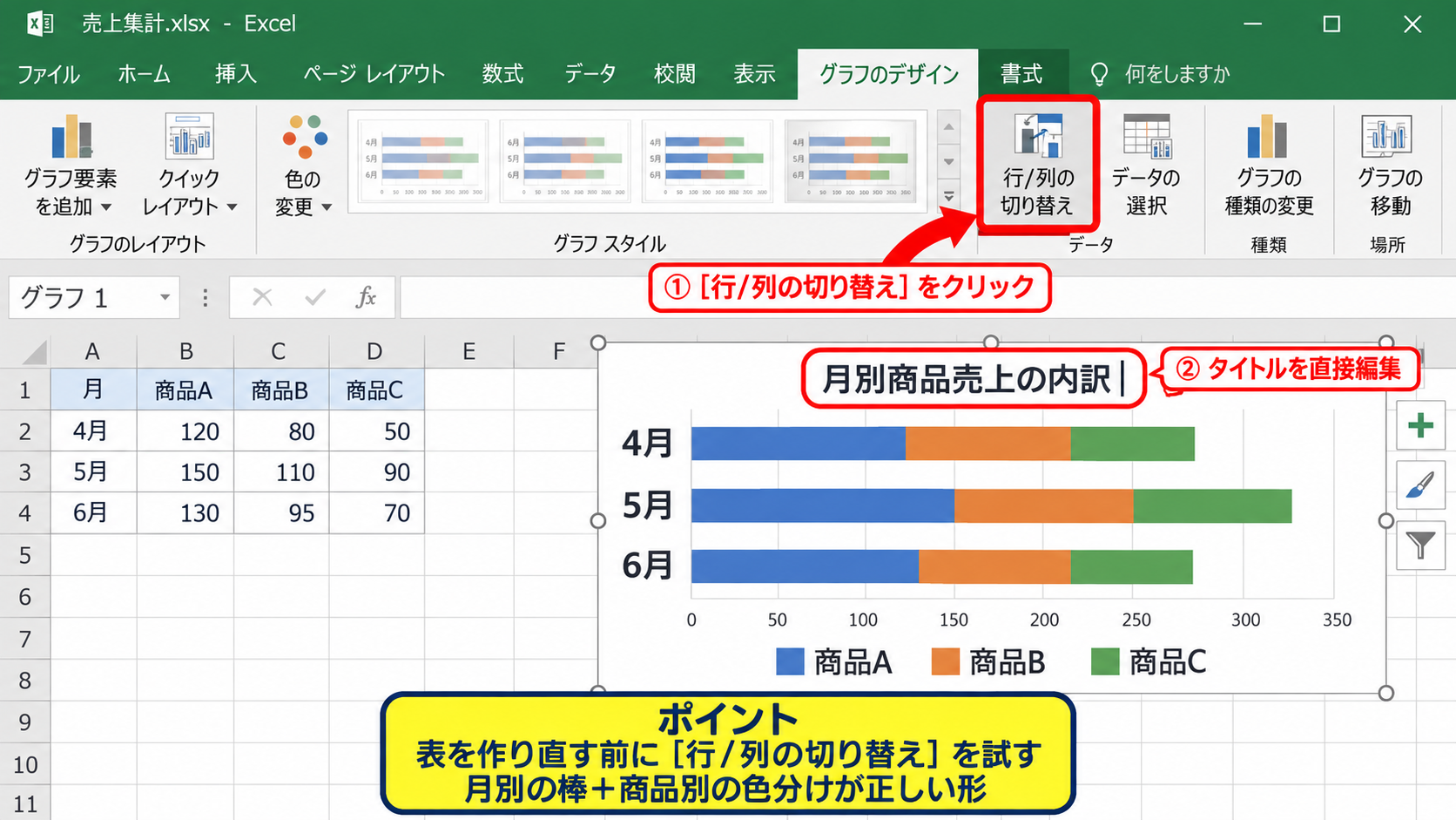 エクセルで積み上げ棒グラフを作る方法 - 行列の切り替えと基本調整