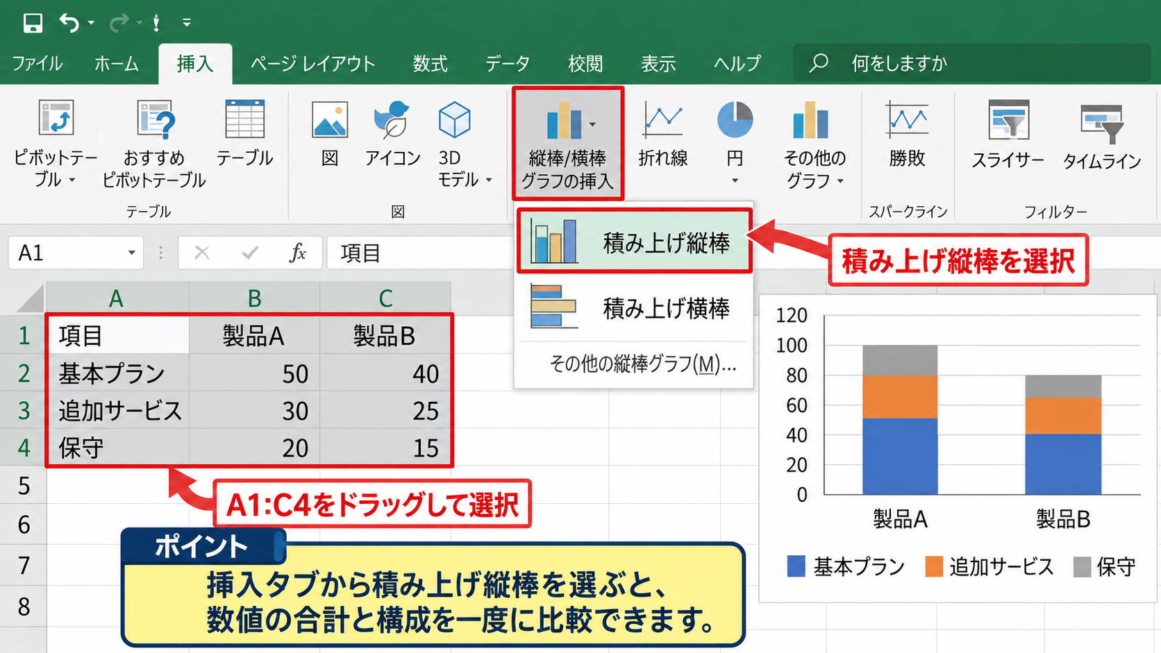 エクセルで積み上げ棒グラフを2本並べる方法【表を横方向に作成】 - グラフ種類の選択