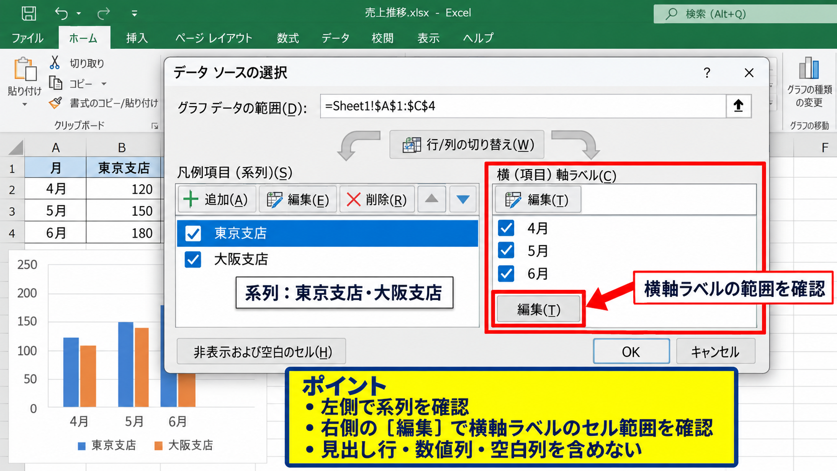エクセルの縦軸と横軸を入れ替える方法【行と列の切り替え】 - 選択データ画面での系列と項目の確認