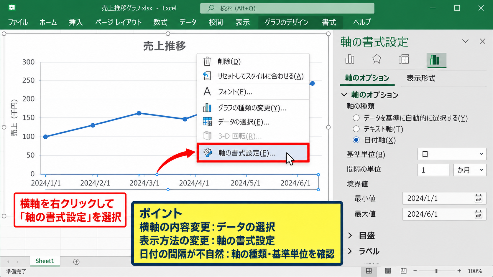 エクセルの横軸を日付・時間に変更する基本操作 - 軸の書式設定画面の表示